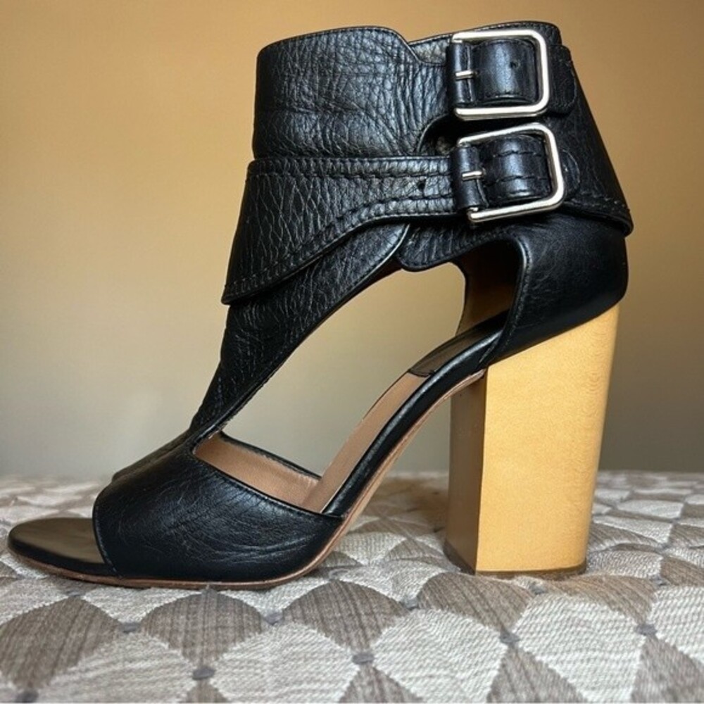 Laurence Dacade Rush Cutout Black Leather Italian Sandal Wood Block Heel EU 36.5